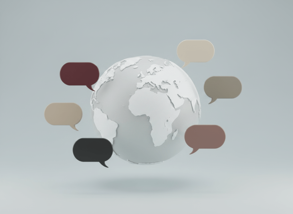 Keep the exact same composition: six speech bubbles in charcoal, taupe, and muted burgundy, arranged loosely and asymmetrically around the globe at different depths, with some in front and some behind, varied in size, width, tail direction and spacing, with natural gaps. Change only the globe: replace the shiny metallic chrome finish with a soft matte white globe with natural light-grey continents and gentle 3D shading. The globe should look softly illuminated from one side with subtle diffuse shadows and no mirror-like reflections, gold streaks, or harsh highlights. Cool light-grey background unchanged. No text, people, flags, icons, gold, or yellow tones.
