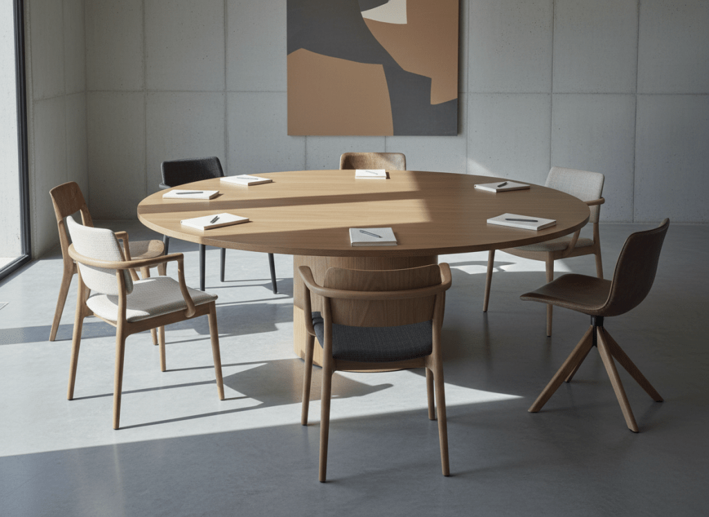A sophisticated wide editorial photograph of a round wooden meeting table viewed slightly from above, surrounded by six empty chairs of subtly different shapes and materials — linen, wood, mesh, leather — all equally spaced with no head of the table. A simple closed notebook and a pen rest at each place setting. Soft cool natural daylight from one side. Palette of ivory, warm taupe, muted burgundy, and charcoal. Clean, minimal, architectural feel. No people, text, logos, icons, bright colours, or cartoon style.