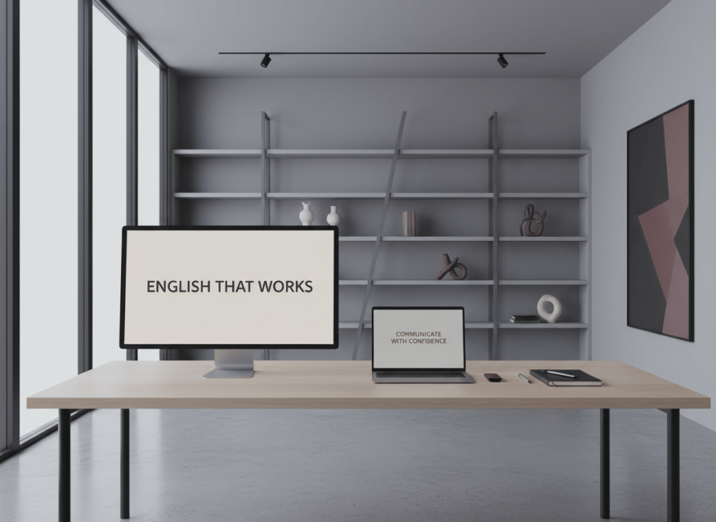 Wide landscape editorial photograph of an empty modern professional workspace. Cool grey and ivory room, clean architectural interior, no people. On a light desk: a large slim widescreen monitor on the left with its screen clearly showing only the words ENGLISH THAT WORKS in clean dark charcoal sans-serif type, centered on a soft ivory screen — no charts, no graphics, just those words; an open laptop on the right with its screen clearly showing only the words COMMUNICATE WITH CONFIDENCE in smaller muted burgundy sans-serif type, centered on a soft grey screen — no charts, no graphics, just those words. Both text phrases are entirely inside their respective screens, correctly spelled, naturally centered. Desk also has a closed notebook, a pen, a small presentation remote. Cool neutral daylight from one side. Muted burgundy and charcoal accent palette against ivory and soft grey tones. Realistic, understated, architectural photography style. No people, no hands, no logos, no speech bubbles, no icons, no overlays, no warm yellow lighting. Camera angle slightly elevated, wide shot, 16:9 landscape format.