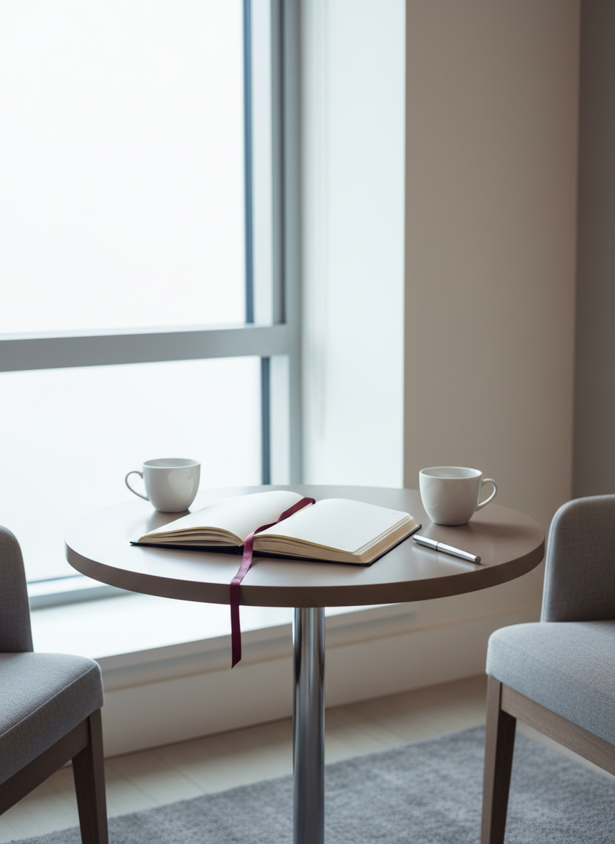 Photorealistic vertical portrait scene: a small round table beside a softly lit window with natural cool daylight (no yellow or golden cast). On the table: an open cream-colored notebook, an elegant pen, and two simple white ceramic cups. Subtle edges of two comfortable modern chairs angled toward the table are visible at the frame edges. Color palette: cool ivory, soft grey, taupe, with one muted burgundy accent detail (perhaps a thin bookmark ribbon or a small ceramic object). The room is calm, modern, welcoming, and uncluttered. No people, no text, no logos, no icons, no question marks, no phones, no maps, no location pins, no classroom elements. Clean minimal composition, professional mood, photorealistic rendering.