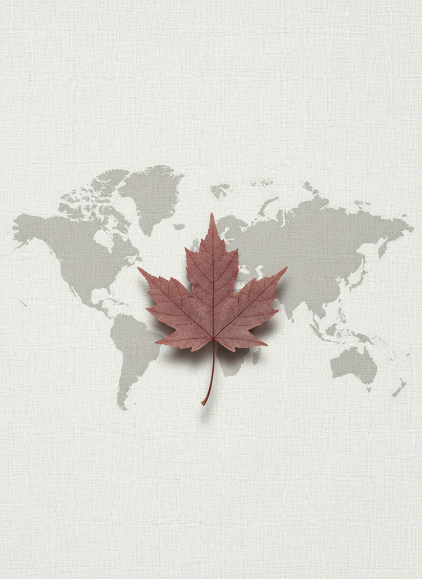 Elegant photorealistic vertical editorial composition. A single realistic muted-burgundy maple leaf, centered over the area representing Canada on a faint world map. The leaf is relatively small — refined and sculptural, with fine vein detail and subtle three-dimensionality, casting a soft natural shadow. Behind the leaf, a very faint soft-grey world map embossed into a cool ivory linen-textured background — barely visible, like a watermark pressed into the surface. No circular lines, no arcs, no arrows, no paths, no connecting lines, no symbols of any kind. Cool natural diffused daylight, neutral palette of ivory, soft grey, taupe, and muted burgundy. Generous negative space above and below. Minimal, refined, modern, professional editorial style. No people, no flags, no bright red, no text, no logos, no desks, no laptops, no landmarks, no golden or warm yellow lighting, no additional objects.