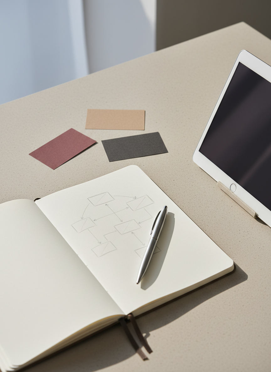 A refined, photorealistic vertical close-up of a professional communication workshop planning table, tightly framed with no empty room or chairs visible. The scene shows: one open cream notebook lying flat with a simple, text-free communication flow diagram sketched in light pencil lines; three small movable discussion cards in muted burgundy, warm taupe, and dark charcoal arranged casually on the table surface; one elegant slim pen resting across the notebook; and one small tablet with a clean neutral grey screen propped slightly at the edge. The table surface is light warm grey or ivory. Lighting is cool, soft natural daylight from the side, no yellow or golden cast. Color palette: cool ivory, soft grey, taupe, muted burgundy accent, charcoal. Calm, tactile, practical, and professional editorial style with generous negative space. No people, no readable text, no logos, no globes, no flags, no classrooms, no multiple laptops, no bright colors, no golden lighting, no cartoon style. Photorealistic, modern, minimal.