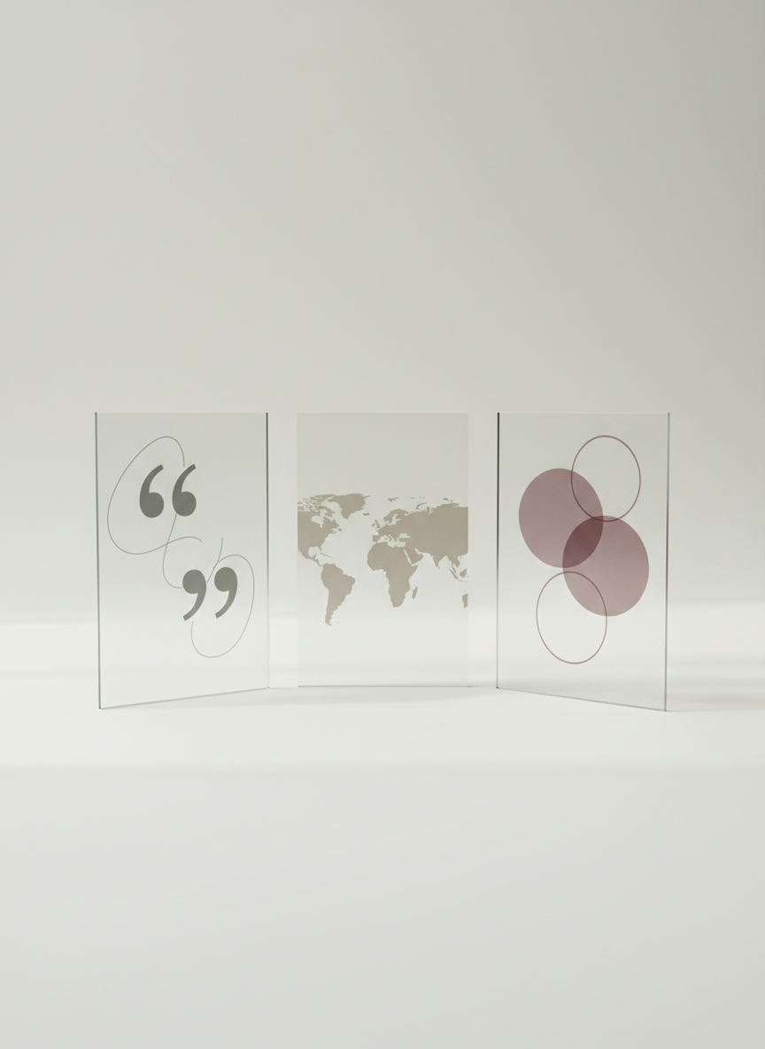 Photorealistic vertical studio still life. Exactly three separate translucent frosted-glass rectangular panels of identical size, standing upright on a smooth cool-ivory surface. Clear, even gaps between all three panels — they do not touch, join, or overlap. Arranged in a very shallow arc, the group centred both vertically and horizontally in the frame, filling approximately 70% of the image width and 50% of its height. Panel one (left): etched abstract quotation marks in soft charcoal visible through the frosted glass. Panel two (centre): a subtle world-map outline in taupe visible through the frosted glass. Panel three (right): three softly overlapping circles in muted burgundy visible through the frosted glass. Cool-ivory background. Muted burgundy, taupe, and charcoal details. Soft natural diffused light from one side, casting gentle distinct shadows beneath each panel. No excessive blank space. No people, no readable text, no logos, no flags, no extra objects, no cartoon style, no bright colours, no golden or warm lighting.