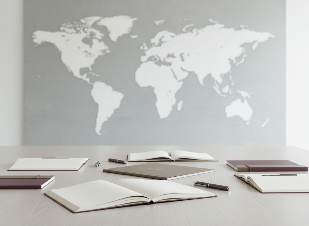 Wide horizontal elegant editorial photograph of a modern international workshop setting. A clean, minimal table surface in the foreground with a few open cream notebooks, quality pens, and understated professional training materials arranged naturally. In the far background, very softly blurred, a subtle large-scale world-map artwork on a wall, barely visible. Cool ivory-grey natural daylight throughout. Muted burgundy, taupe, and charcoal accents in the materials. The centre of the image is calm and slightly darker in tone to allow white text to remain legible over it. No people, no empty chairs, no globes, no circles, no speech bubbles, no flags, no icons, no readable words or text, no cartoon elements, no golden or warm yellow lighting. Photorealistic, refined, professional, editorial.