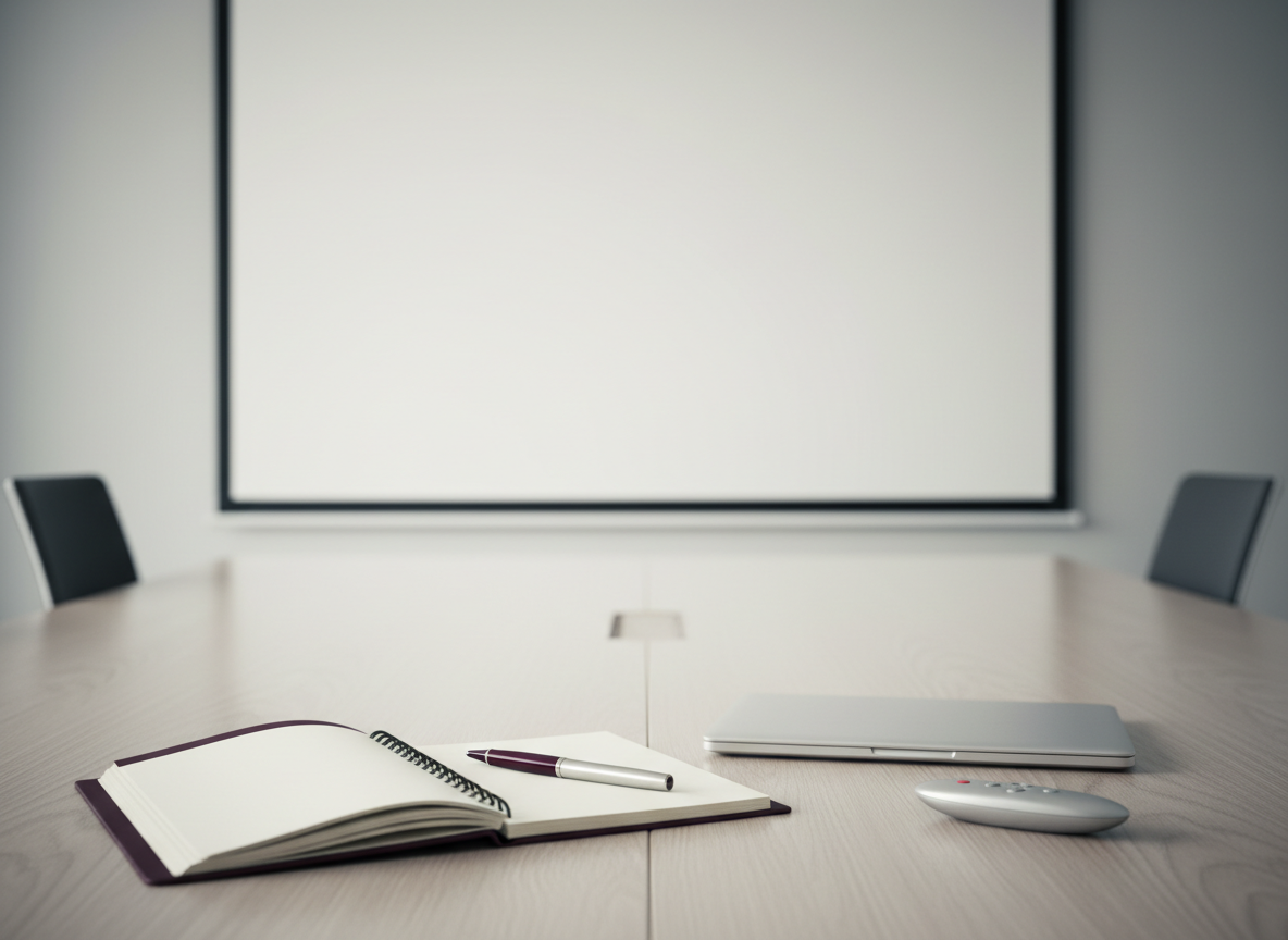 Wide refined editorial photograph of a professional communication workshop. A sleek modern conference table with an open notebook, an elegant pen resting on it, a slim closed laptop, and a small presentation remote, all arranged naturally and deliberately on the table surface. In the softly blurred background, a clean blank white presentation screen. Color palette: cool ivory and light grey with subtle muted-burgundy accents — perhaps a dark burgundy notebook cover or pen detail. Soft diffused daylight from the side, no warm or golden tones. The center of the composition is calm and slightly darker, creating a natural vignette ideal for white text overlay. No people, no faces, no maps, no charts, no graphs, no flags, no speech bubbles, no icons, no readable text. Photorealistic, cinematic depth of field, editorial photography quality.