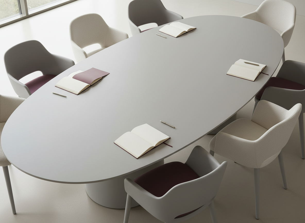Wide refined editorial photograph for Inclusive Workplace Communication. A modern oval meeting table viewed at a slight angle from slightly above, with several chairs of subtly different shapes and materials — some upholstered in pale fabric, some in a moulded form — all positioned equally around the table, every seat suggesting equal importance. A few open notebooks and elegant pens rest on the table surface, naturally distributed, no clustering. Soft neutral daylight from a window off-camera. Colour palette strictly: off-white, pale grey, warm white, and very subtle muted burgundy accents on one or two notebook covers or chair cushions. The centre of the frame is visually quiet, uncluttered, and slightly subdued — calm enough for white overlay text. Realistic, calm, professional, editorial magazine style. Absolutely no people, no human figures, no text, no logos, no icons, no circles, no flags, no speech bubbles, no classroom look, no golden or warm lighting, no charts, no maps.